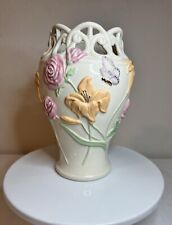 BEAUTIFUL Lenox Ivory Reticulated Lace Vase Flowers & Butterflies RARE picture