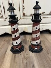 2 Vintage Matching Wooden Lighthouse Decorations. picture