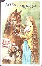 1880s AYER'S HAIR VIGOR HORSE DOGS LADY VICTORIAN TRADE CARD P4434 picture