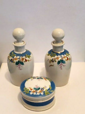 Old French Porcelain Perfume Bottles Stoppers & Powder Box Floral Hand Painted picture