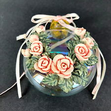 Vintage Victorian Hand Blown Glass Ornament Ceramic Roses and Garland 3 in picture
