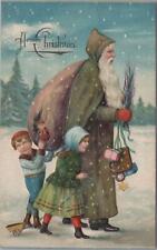 Christmas Postcard Santa Claus Green Robes Walking with Children + Toys picture