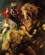 Nice Oil painting Rubens St. George fighting the dragon - horseman in landscape picture