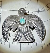 Vintage Navajo Thunderbird Turquoise Hand Stamped Silver Brooch Pin Rare picture