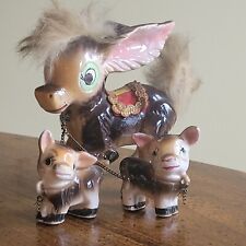 Vintage Donkey with Fur & Chain Babies Figurine Kitschy Anthropomorphic Japan picture
