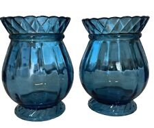 VTG Pair Of  5”  Scalloped ~ Ruffled Top Fenton Blue Ribbed Vase picture