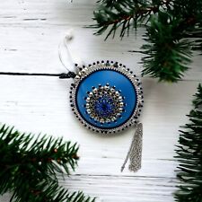 Vintage Blue Satin Ball Christmas Tree Ornament Jeweled Rhinestone Beaded Foiled picture