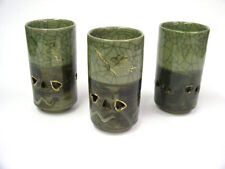 3 OTAGARI Somayaki Soma Ware Japanese  Green Pottery Crackle Glass - Tumblers picture