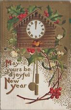 c1910 New Year cuckoo clock bird holly berries gilt embossed postcard C179 picture