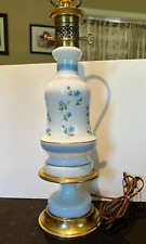 Vintage MCM Warren Kessler glass opalene table lamp blue painted flowers brass picture