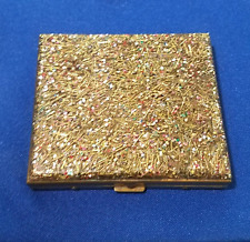 Vintage Antique Brass Gold tone Powder Compact Makeup Case w/Mirror Sparkly Top picture