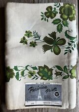 NOS Vintage PARISIAN PRINTS Pure Linen Folk Art Green Floral Tablecloth 52”x70” picture