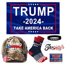 Trump 2024 Banner Flag USA Flag Camo Hat Socks Patriotic Election Merch Gift Set picture