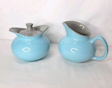 Vintage Harkerware Blue Mist Creamer Sugar Bowl Set Aqua Gray USA picture