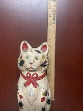 8-1/2” Folk Art Chalkware Cat Hand Painted Spotted Wearing A Bow picture