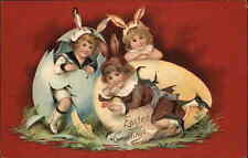 Easter Fantasy Three Kids with Bunny Ears Hatch from Eggs c1910 Postcard picture