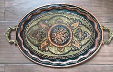 Vintage Etched Turkish Hand Painted Copper Serving Tray Brass Handles Antique picture