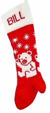 Vintage Christmas Stocking Large Handmade Knit Red Teddy Bears BILL 28” Long picture