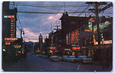 Postcard Vancouver Canada Chinatown at Night Street View Neon c.1950's Cars  E12 picture