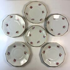PF France Porcelain White Pink Floral Pattern Saucer Plates, Set of 6, Vintage picture