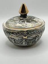 ANTIQUE Pereiras Valado Porcelain Cherub Black & Gold Trinket Dish Lidded Jar * picture
