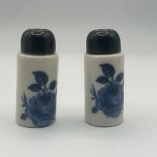 Vintage Blue And White Ceramic Rose Pattern Salt And Pepper Shakers picture
