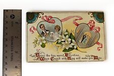 1911 Valentine Hearts White Flowers Ribbon Embossed Posted Antique Postcard picture