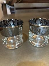 Set Of 2 Elegant Etched Floral Pattern Silver Rim Low Ball Whiskey Glasses MCM picture