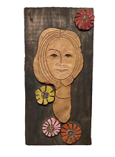 1970’s Clay on Wood Girl In Mirror Flowers Plaque Signed 3D Art Mint Hippie Boho picture