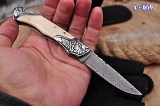 Handmade Damascus Steel CAMPING TACTICAL FOLDING blade POCKET Knife Camel Bone picture