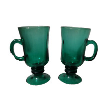 Vintage Set 2 Libbey Glass Pedestal Cups Mugs Handle Green Gold Trim Espresso picture