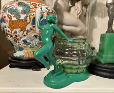 Vtg Art Deco Nude Woman Green Glass Uranium?  Fishbowl Holder FRANKART NUART Era picture