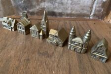 Vintage Solid Brass Buildings Set Of 6  Miniature Historical Church Mill House picture