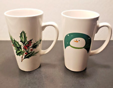 2x Tall Ceramic Christmas Mugs (Snowman & Holly) - 3