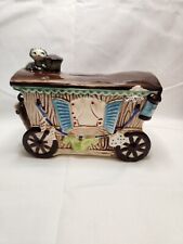 Vintage Enesco Japan Ceramic Bank Gypsy Peddler Wagon With Gray Cat picture