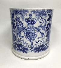 Antique Large Royal Coat of Arms Staffordshire Pottery Tankard c1840 Blue White picture