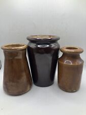 3 Old Brown Glazed Stoneware Jars And Pots  picture