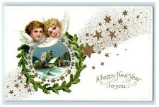 1908 New Year Angels Cherubs Head Clapsaddle (?) Stars Winter Antique Postcard picture