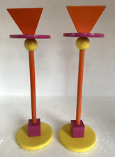 Pair VTG 1980 s Memphis Enameled Bright Colored Metal Geometric Candlesticks picture