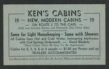 Norwell N Scituate MA: c.1940s Business Card KEN'S MODERN CABINS Route 3 to Cape picture