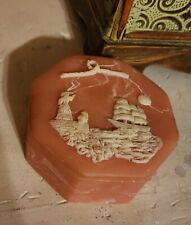 Pink Incolay vintage Jewelry Trinket Box Elegant Victorian Lady and Ship.  picture