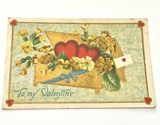 Antique 1915 Valentine Post Card Embossed Hearts and Flowers Gold Trim - Posted picture