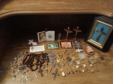 80 pc Lot Vtg Religious Items: Medals, Rosaries, Crosses, Pins, Magnets, Coins.. picture