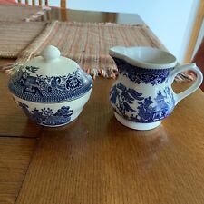 NEW Churchill England Blue Willow Sugar and Creamer Set Covered Bowl w/ Lid Vtg picture
