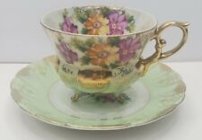 Vintage Elegant Footed China Cup and Saucer Lusterware Gold Gilt Floral Green picture