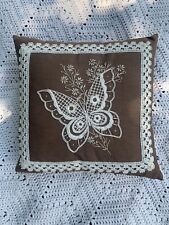 Vintage Embroidered Butterfly Floral Botanical Throw Pillow 12x12” Boho picture