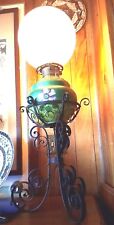 Oil Lamp c1890 Floral Painted Glass Iron Electrified Ball Base 2 in1 lamps COOL picture