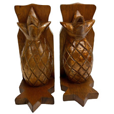 Vtg Pair  Wood Pineapple Hand Carved Bookends Shelf Decor Tropical Coastal Boho picture