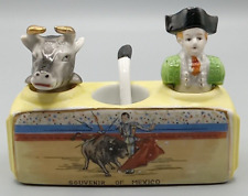 Souvenir Mexico Matador Bull Nodders Salt & Pepper Shakers Spoon Ladle Set Vtg picture