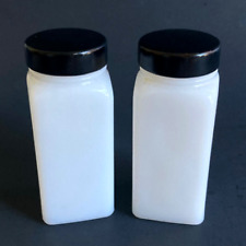 Set of 2 Vtg Griffith? Milk Glass Spice Jars w/ Black Lids 3.5